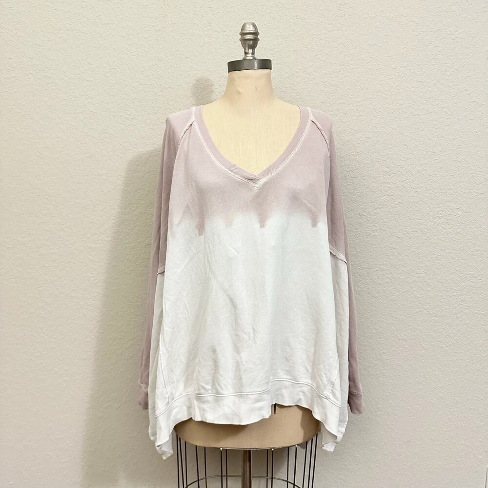 FREE PEOPLE Ombre Tunic Sweatshirt Pink White V-Neck Side Slit Pullover
